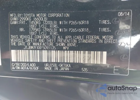 2015 Lexus Gx из США, поврежденный, VIN JTJBM7FXXF5091135